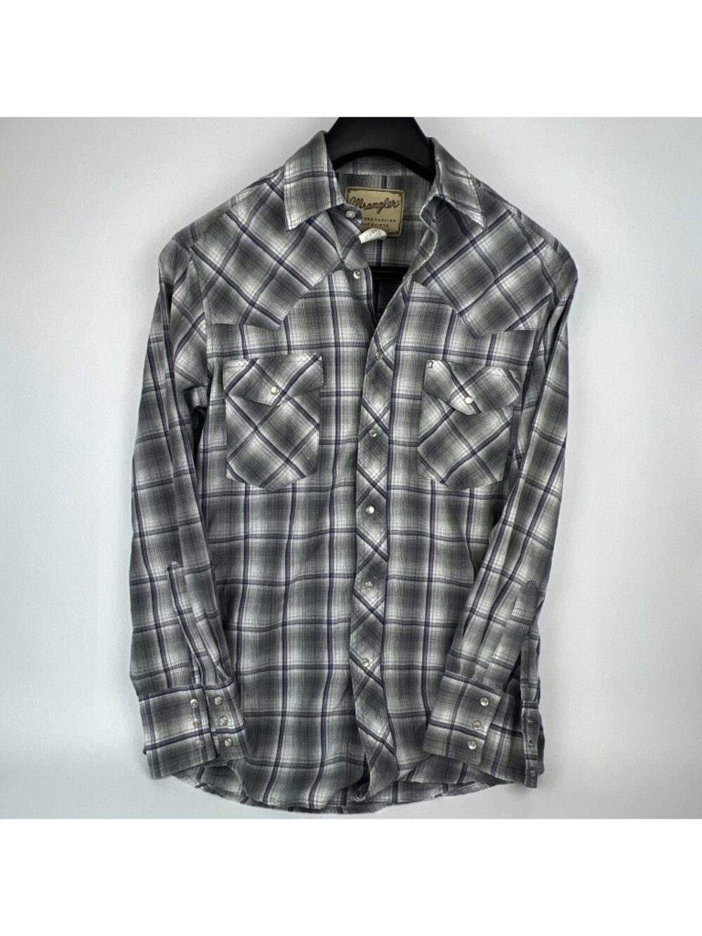 Wrangler Western Fashion Mens S Pearl Snap Flannel Shirt Long Sleeve Plaid Gray